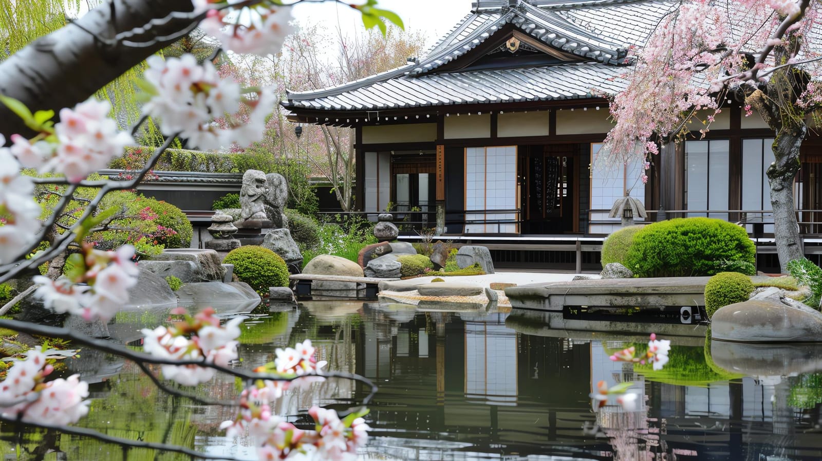 池と桜の枝の向こうに建つ瓦屋根の伝統的な日本家屋
